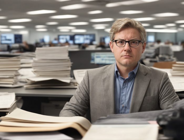 Photo of a journalist behind a desk in a newsroom