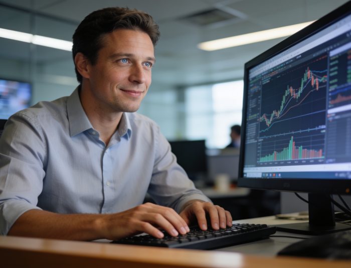Journalist using digital investigation tools on computer in newsroom
