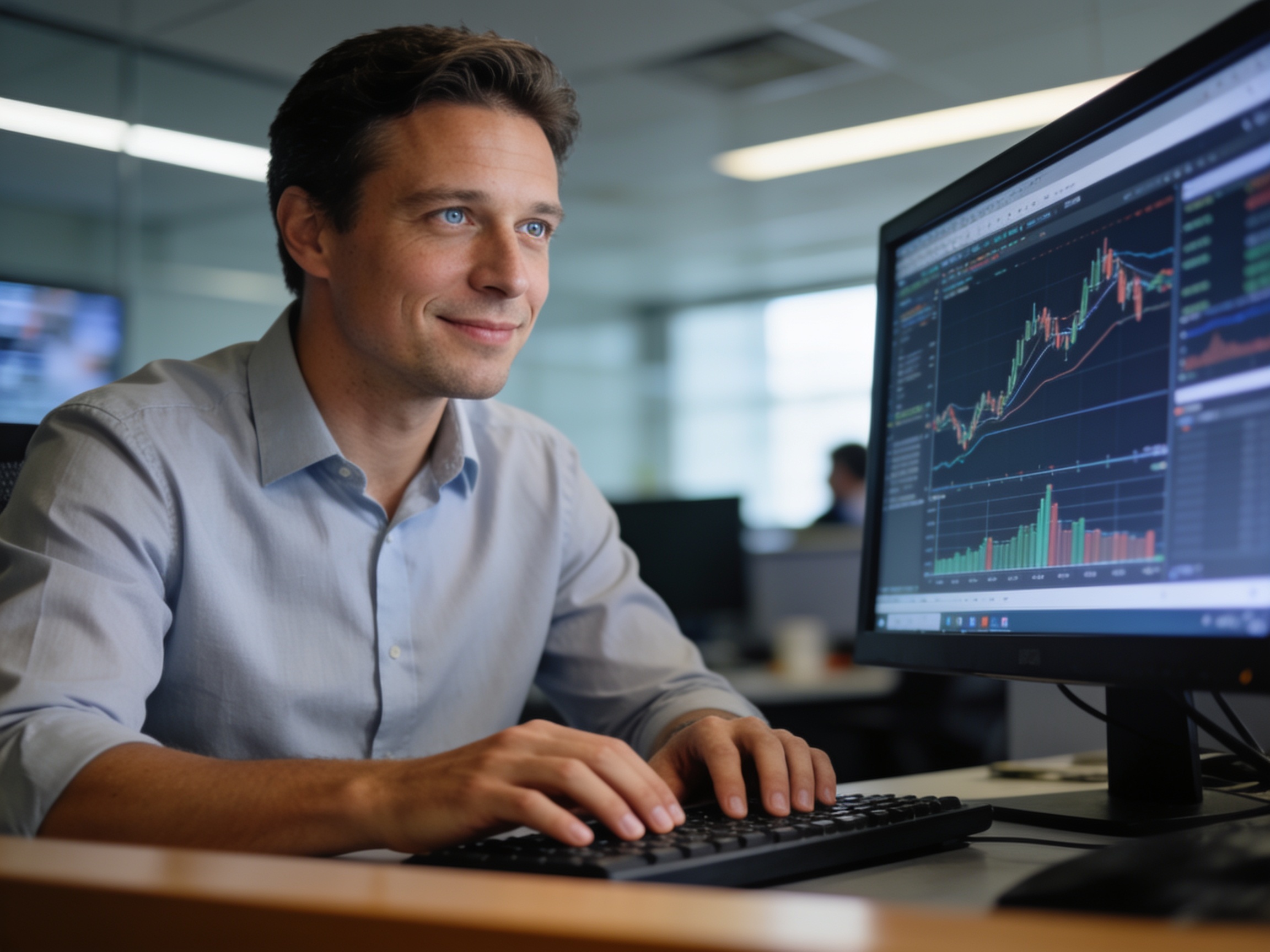 Journalist using digital investigation tools on computer in newsroom