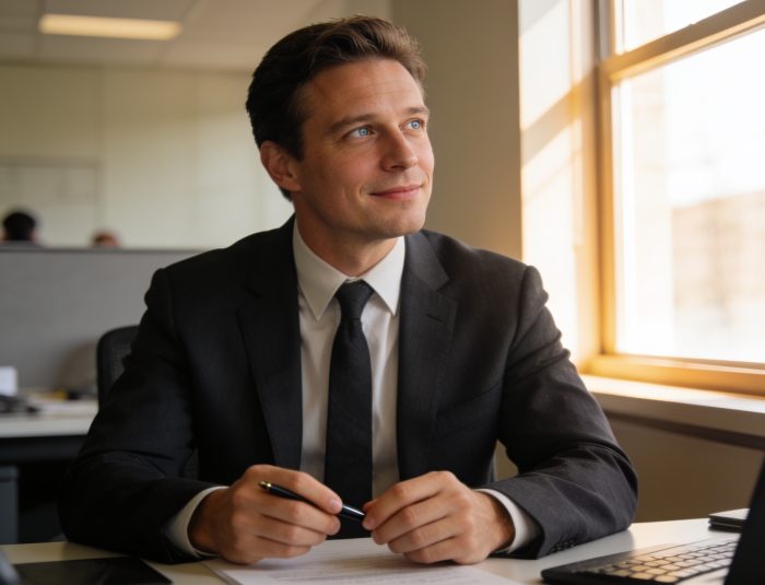Journalist using creative writing techniques at a desk with natural lighting