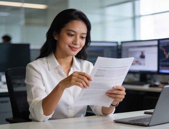 Indonesian journalist reviewing a document for journalist community news verification