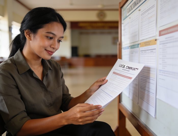 Indonesian journalist reviewing local documents for community journalism trust accuracy.