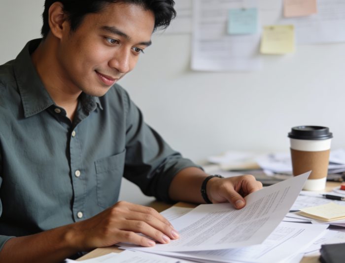 Indonesian journalist examining a document illustrating digital journalism ethics challenges in a modern newsroom.