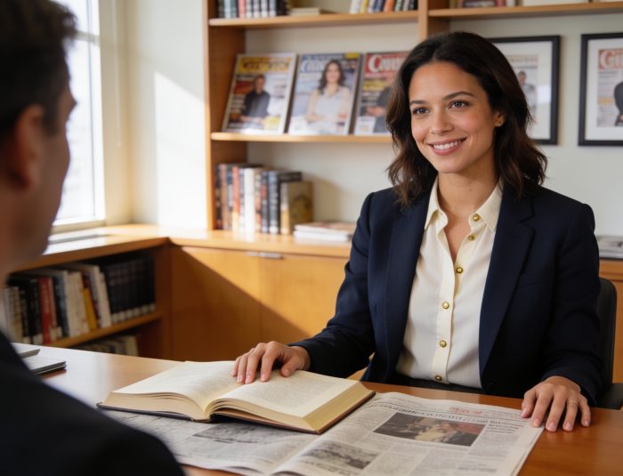 Journalist examining literary texts and newspapers showing literary influence modern journalism evolution