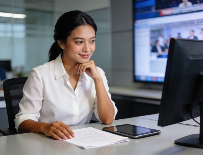 Indonesian journalist analyzing manuscript reflecting modern journalism literary trends