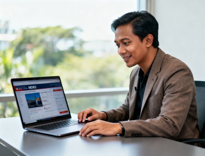 Indonesian journalist using best digital journalism tools on laptop for real‑time reporting