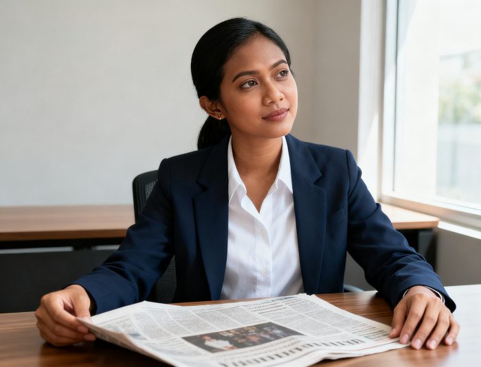 Indonesian woman analyzing newspaper article while practicing creative writing journalism techniques