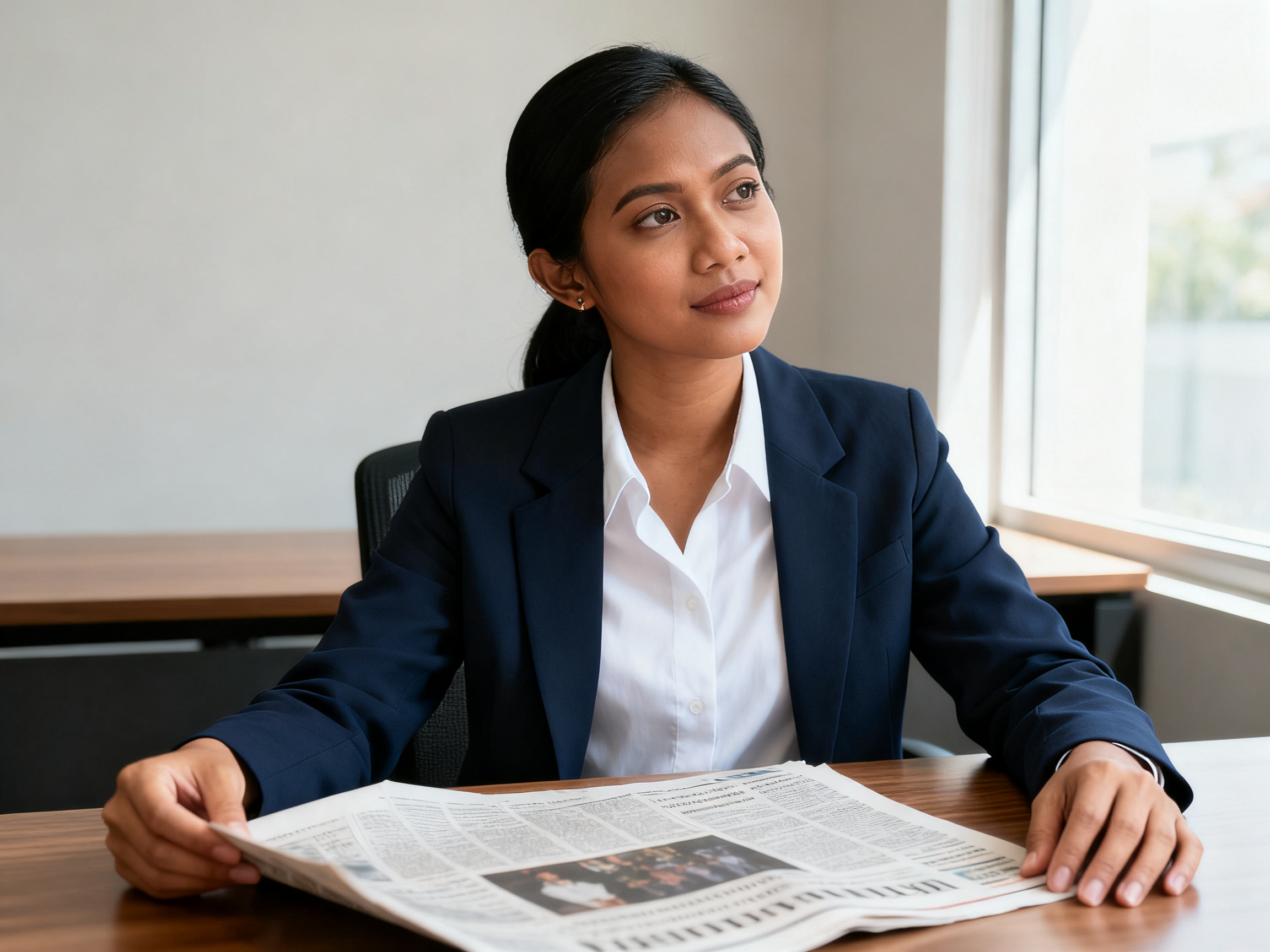 Indonesian woman analyzing newspaper article while practicing creative writing journalism techniques