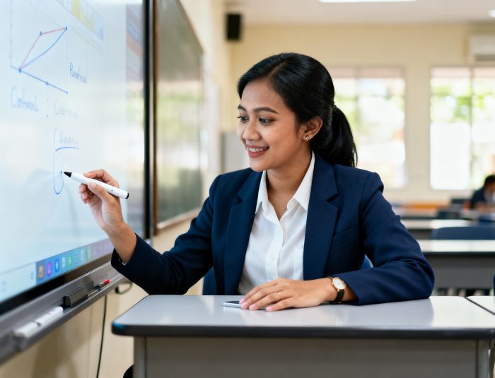 independent curriculum interactive teaching in Jakarta classroom with teacher guiding students