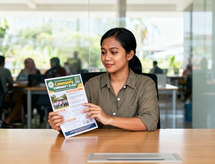 Indonesian journalist examining community flyer to boost local awareness