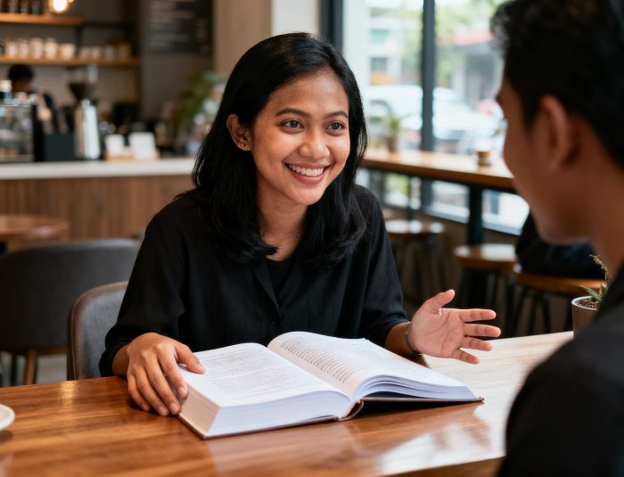 Indonesian journalist reviewing manuscript illustrating modern literary journalism trends in a coffee shop